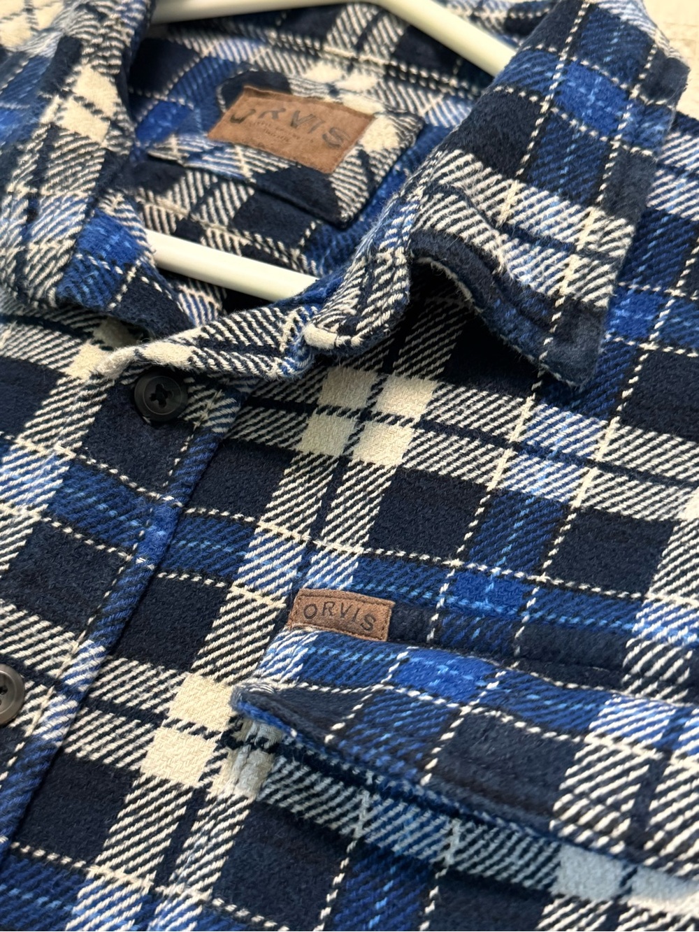 Orvis Navy, Royal Blue & White Plaid Flannel Shirt